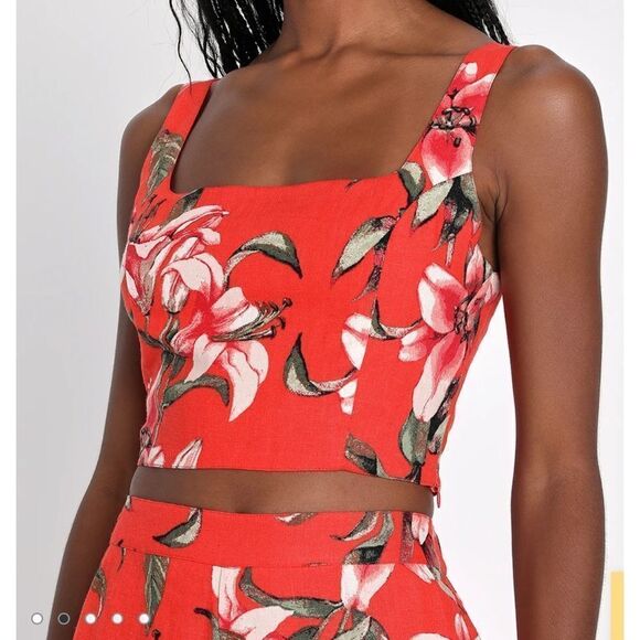 Lulus Sunsets in Paradise Red Tropical Print Two-Piece Jumpsuit M NWT in packag - Picture 2 of 8
